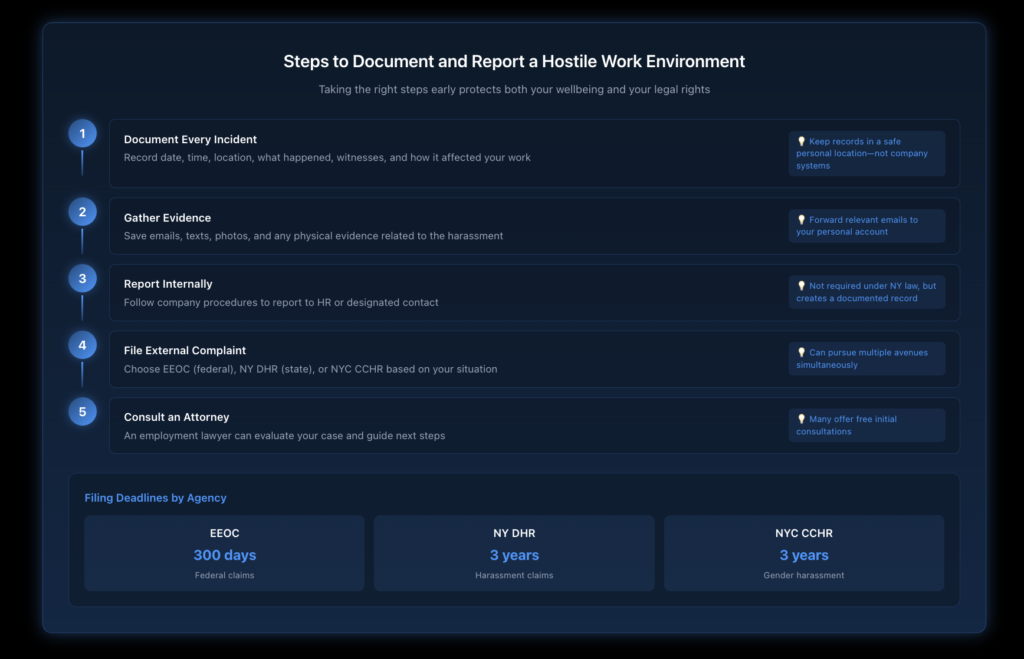 Flowchart showing the recommended process for documenting incidents, reporting to HR, filing external complaints with EEOC or NY DHR, and pursuing legal action.
