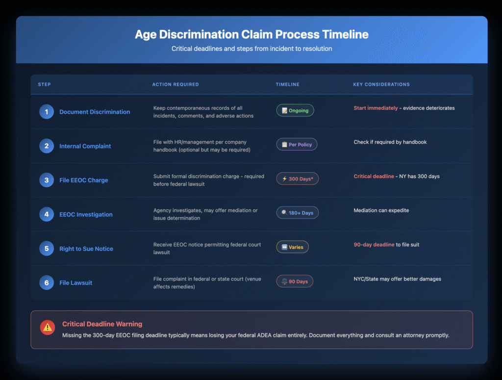 Six-step vertical timeline showing the age discrimination claim process. Steps are: 1) Document Discrimination (ongoing) - keep records of incidents; 2) Internal Complaint (optional, per company policy) - file with HR following handbook; 3) File EEOC Charge (within 300 days in New York) - required before federal lawsuit; 4) EEOC Investigation (180+ days) - agency investigates and may offer mediation; 5) Receive Right to Sue (after EEOC process) - 90-day deadline to file lawsuit; 6) File Lawsuit (within 90 days) - in federal or state court. Timeline includes warning alerts for critical deadlines and tips for each step. Red alert box emphasizes missing the 300-day EEOC deadline means losing federal claim.