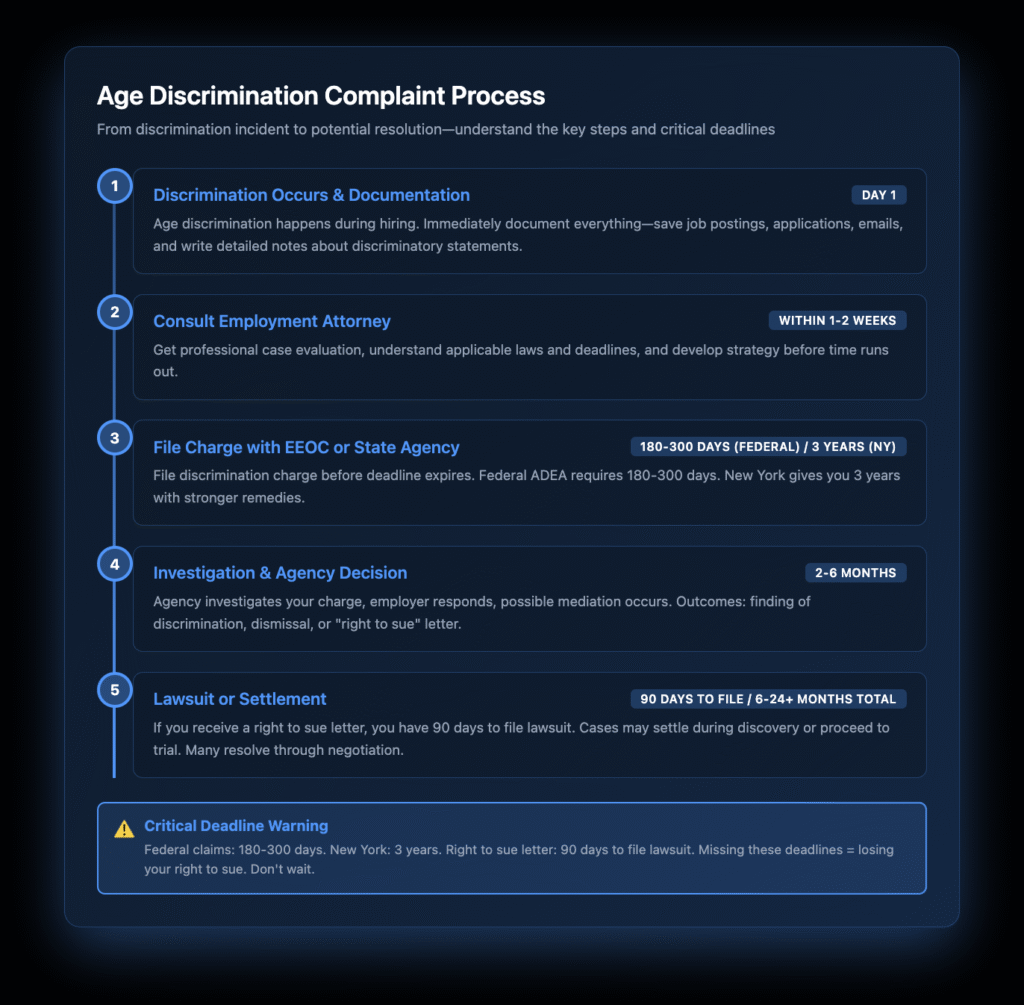 Step-by-step timeline flowchart showing the age discrimination complaint process from initial incident through EEOC filing, agency investigation, right to sue letter, and potential litigation, with critical deadline warnings.
