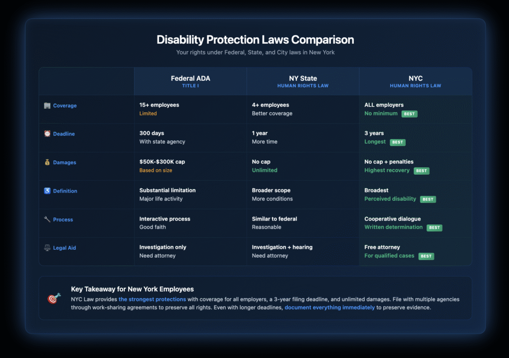 Comparison table showing Federal ADA, NY State, and NYC disability discrimination laws across 6 key categories: employer coverage, filing deadlines, damage caps, disability definition, accommodation process, and legal aid availability.