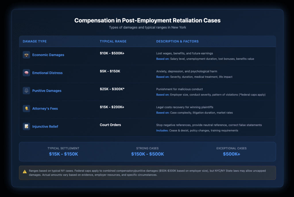 Comprehensive breakdown of six types of damages available in post-employment retaliation cases, showing typical compensation ranges from $15,000 to $500,000+, including economic damages, emotional distress, punitive damages, injunctive relief, attorney's fees, and other remedies with factors affecting each type.