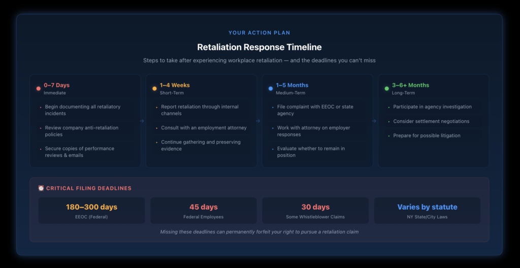 Timeline showing recommended actions after experiencing workplace retaliation across four phases: immediate actions within 7 days, short-term actions within 1-4 weeks, medium-term actions within 1-5 months, and long-term actions at 3-6 months or more, plus critical filing deadlines ranging from 30 days for some whistleblower claims to 300 days for EEOC charges