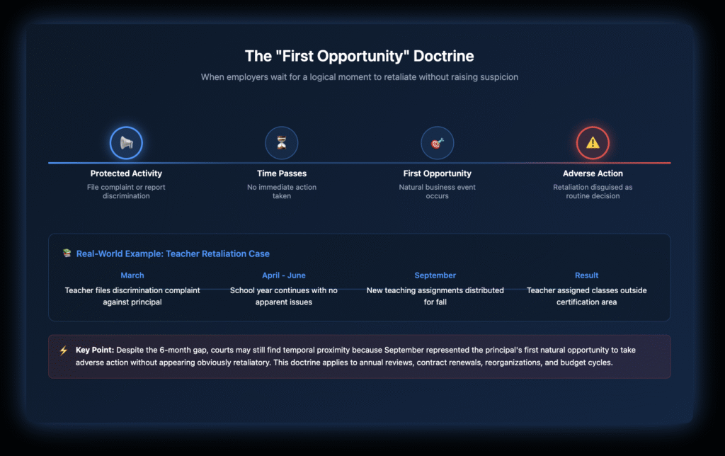 Interactive timeline diagram showing the four stages of the First Opportunity Doctrine in retaliation cases: Protected Activity, Time Passes, First Opportunity, and Adverse Action, with a detailed teacher retaliation example