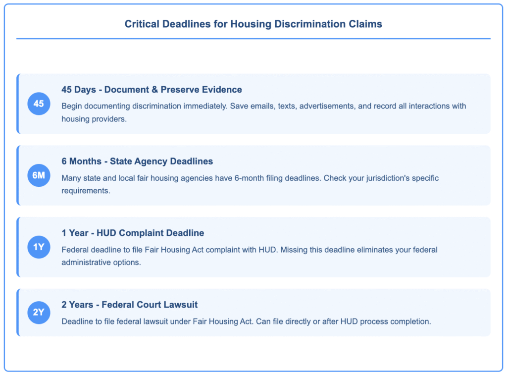 Timeline showing four critical deadlines for housing discrimination claims: 45 days to document evidence, 6 months for state agency deadlines, 1 year for HUD complaint deadline, and 2 years for federal court lawsuit deadline