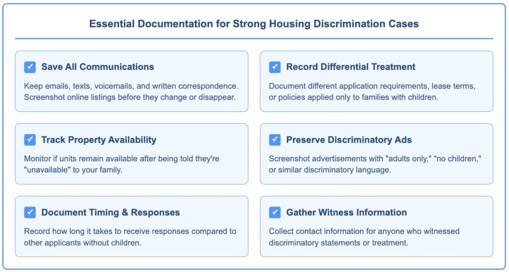 Six-item checklist for documenting housing discrimination cases: save all communications, record differential treatment, track property availability, preserve discriminatory ads, document timing and responses, and gather witness information