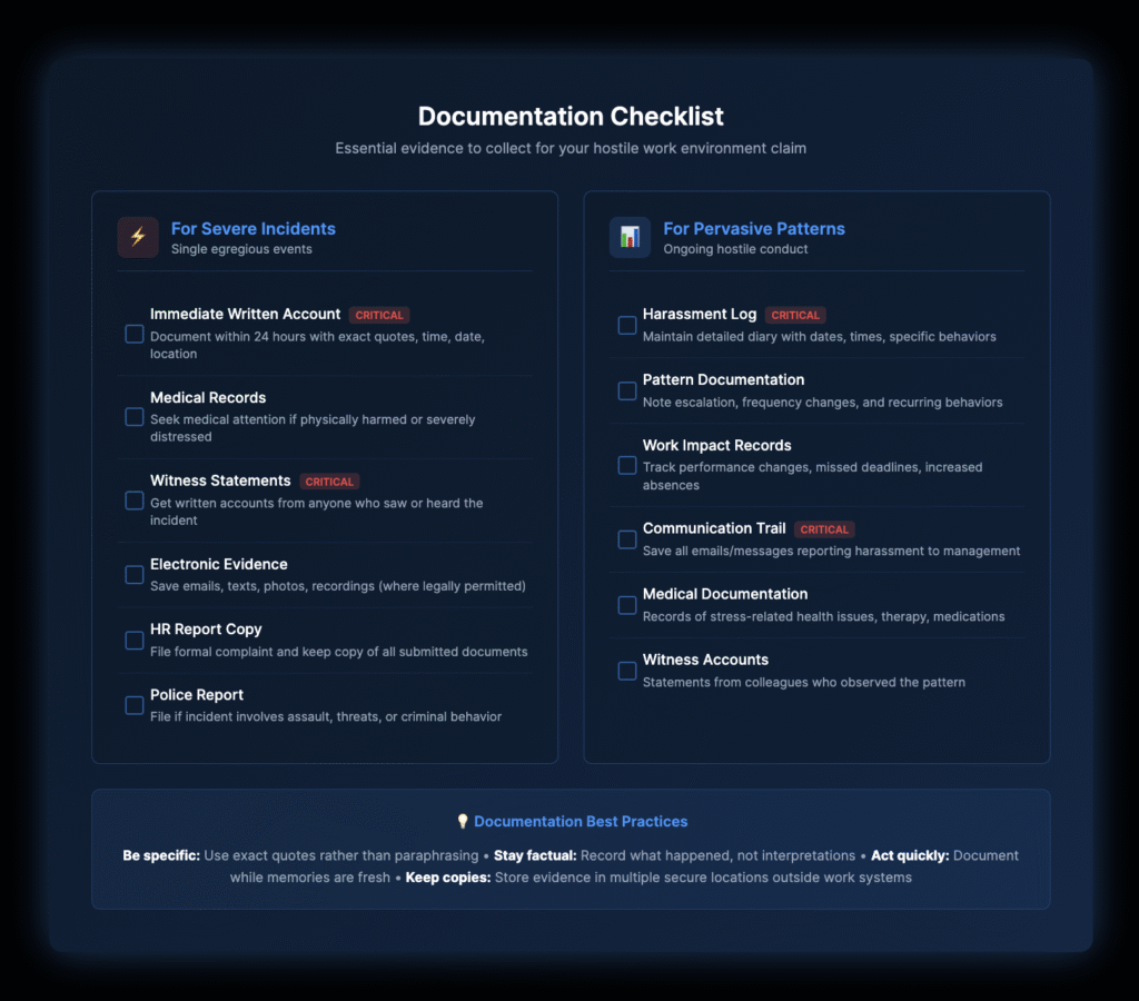 Interactive documentation checklist with two columns comparing evidence requirements for severe incidents versus pervasive harassment patterns. Left column shows critical documentation for single severe events including immediate written accounts and witness statements. Right column displays ongoing documentation needs for patterns including harassment logs and work impact records. Includes best practices tips at bottom.