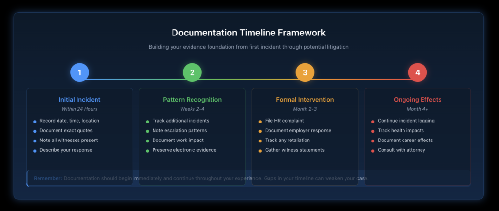 Four-stage timeline showing the documentation process from initial incident through pattern recognition, formal intervention, and ongoing effects tracking, with key actions at each stage.