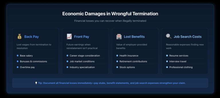 Infographic showing the four main categories of economic damages in wrongful termination cases: back pay, front pay, lost benefits, and job search costs, with dollar signs and brief descriptions for each category.