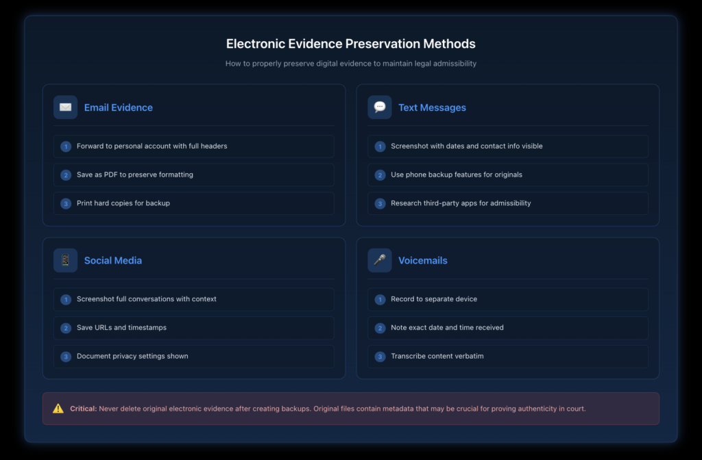 Flowchart showing four categories of electronic evidence preservation methods for emails, text messages, social media, and voicemails, with specific steps for each type.