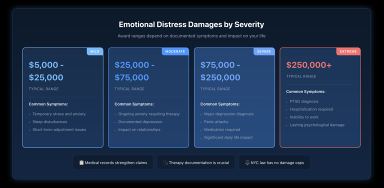 Comparison table showing emotional distress damage ranges across four severity levels: mild ($5,000-$25,000), moderate ($25,000-$75,000), severe ($75,000-$250,000), and extreme ($250,000+), with typical symptoms listed for each level.