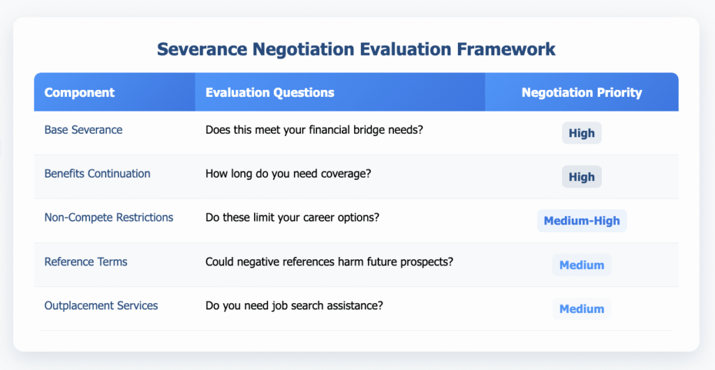 Severance negotiation evaluation framework table showing five key components: Base Severance and Benefits Continuation marked as High priority, Non-Compete Restrictions as Medium-High priority, and Reference Terms and Outplacement Services as Medium priority. Each component includes specific evaluation questions to guide negotiation decisions. Blue gradient header with color-coded priority indicators on white background with rounded corners.