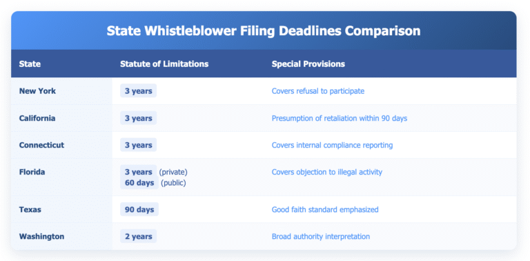 State whistleblower filing deadlines comparison table showing statute of limitations and special provisions for six states. New York, California, and Connecticut each offer 3-year filing periods with unique provisions (refusal to participate coverage, 90-day retaliation presumption, and internal compliance reporting respectively). Florida provides 3 years for private employees and 60 days for public employees, covering objection to illegal activity. Texas has a shorter 90-day period but emphasizes good faith standards. Washington offers 2 years with broad authority interpretation. Table uses blue gradient header and highlights deadline periods to emphasize the significant variation in filing timeframes across states.