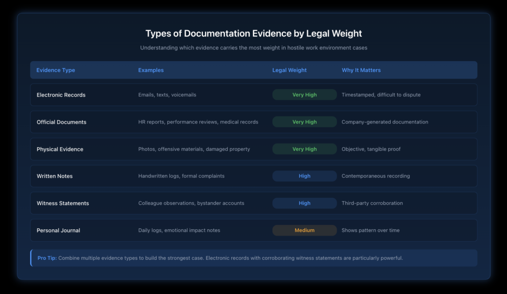Table comparing six types of documentation evidence by legal weight, showing electronic records and official documents rated highest, written notes and witness statements rated high, and personal journals rated medium.