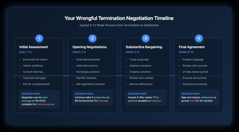 Timeline flowchart showing 4-stage wrongful termination negotiation process: Stage 1 Initial Assessment (Days 1-14), Stage 2 Opening Negotiations (Weeks 3-4), Stage 3 Substantive Bargaining (Weeks 5-8), Stage 4 Final Agreement (Weeks 9-12). Each stage shows key tasks and decision points for whether to continue negotiations or escalate to formal action.