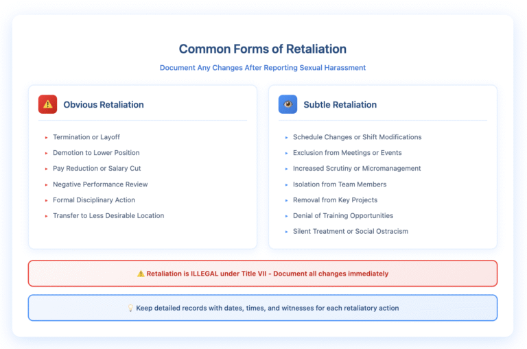 A two-column diagram showing common forms of workplace retaliation after reporting sexual harassment. The left column lists 'Obvious Retaliation' with a red warning icon, including: termination or layoff, demotion, pay reduction, negative performance review, disciplinary action, suspension, transfer to less desirable location, and loss of promotion opportunity. The right column lists 'Subtle Retaliation' with a blue eye icon, including: schedule changes, exclusion from meetings, loss of privileges, increased scrutiny, isolation from team, removal from projects, denial of training, equipment downgrades, silent treatment, and sudden job duty changes. Bottom banners emphasize that retaliation is illegal under Title VII and the importance of documenting all changes with dates, times, and witnesses.