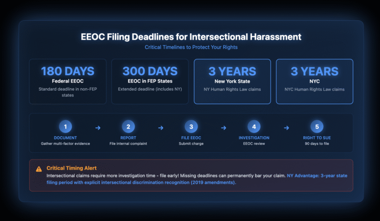 Timeline showing EEOC filing deadlines for intersectional harassment claims. Federal EEOC deadline is 180 days, extended to 300 days in Fair Employment Practice states like New York. New York State and NYC Human Rights Laws both provide 3-year filing periods. Five-step filing process illustrated: 1) Document evidence, 2) Report internally, 3) File EEOC charge, 4) EEOC investigation, 5) Receive Right to Sue letter. Warning box emphasizes filing early for complex intersectional claims. Note highlights New York's enhanced protections with explicit recognition of intersectional discrimination.