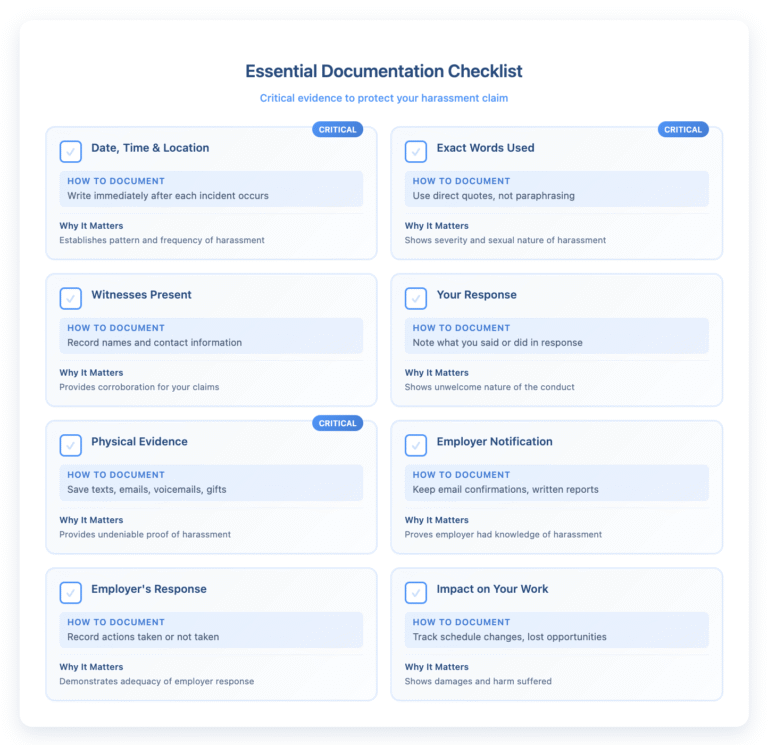 Documentation checklist showing 8 essential items to track for harassment claims. Critical items marked include: Date/time/location (write immediately after incidents), Exact words used (use direct quotes not paraphrasing), and Physical evidence (save texts, emails, voicemails). Additional items: Witnesses present (record names and contact info), Your response (note what you said/did), Employer notification (keep email confirmations), Employer's response (record actions taken), and Impact on work (track schedule changes and lost opportunities). Each item explains how to document and why it matters for your claim.