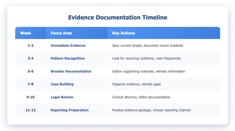 Evidence Documentation Timeline table showing a strategic 12-week approach to whistleblower evidence collection. The timeline is divided into six phases: Weeks 1-2 focus on Immediate Evidence (saving current emails, documenting recent incidents), Weeks 3-4 on Pattern Recognition (looking for recurring violations), Weeks 5-6 on Broader Documentation (gathering supporting materials and witness information), Weeks 7-8 on Case Building (organizing evidence and identifying gaps), Weeks 9-10 on Legal Review (consulting attorney and refining documentation), and Weeks 11-12 on Reporting Preparation (finalizing evidence package and choosing reporting channel). The table uses a blue and white color scheme for easy reading.