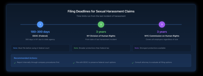 Timeline graphic showing sexual harassment complaint filing deadlines for EEOC (180-300 days), New York State Division of Human Rights (3 years), and NYC Commission on Human Rights (3 years) with key decision points and recommended actions.