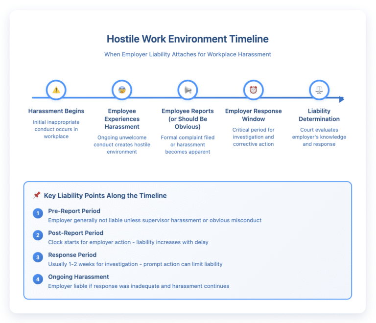 Timeline diagram showing five stages of a hostile work environment case: 1) Harassment Begins - initial inappropriate conduct occurs; 2) Employee Experiences Harassment - ongoing unwelcome conduct creates hostile environment; 3) Employee Reports or Should Be Obvious - formal complaint filed or harassment becomes apparent; 4) Employer Response Window - critical period for investigation and corrective action; 5) Liability Determination - court evaluates employer's knowledge and response. Below the timeline, four key liability points explain: Pre-Report Period where employer generally not liable unless supervisor harassment; Post-Report Period where clock starts for employer action; Response Period of 1-2 weeks for investigation where prompt action can limit liability; and Ongoing Harassment where employer is liable if response was inadequate.