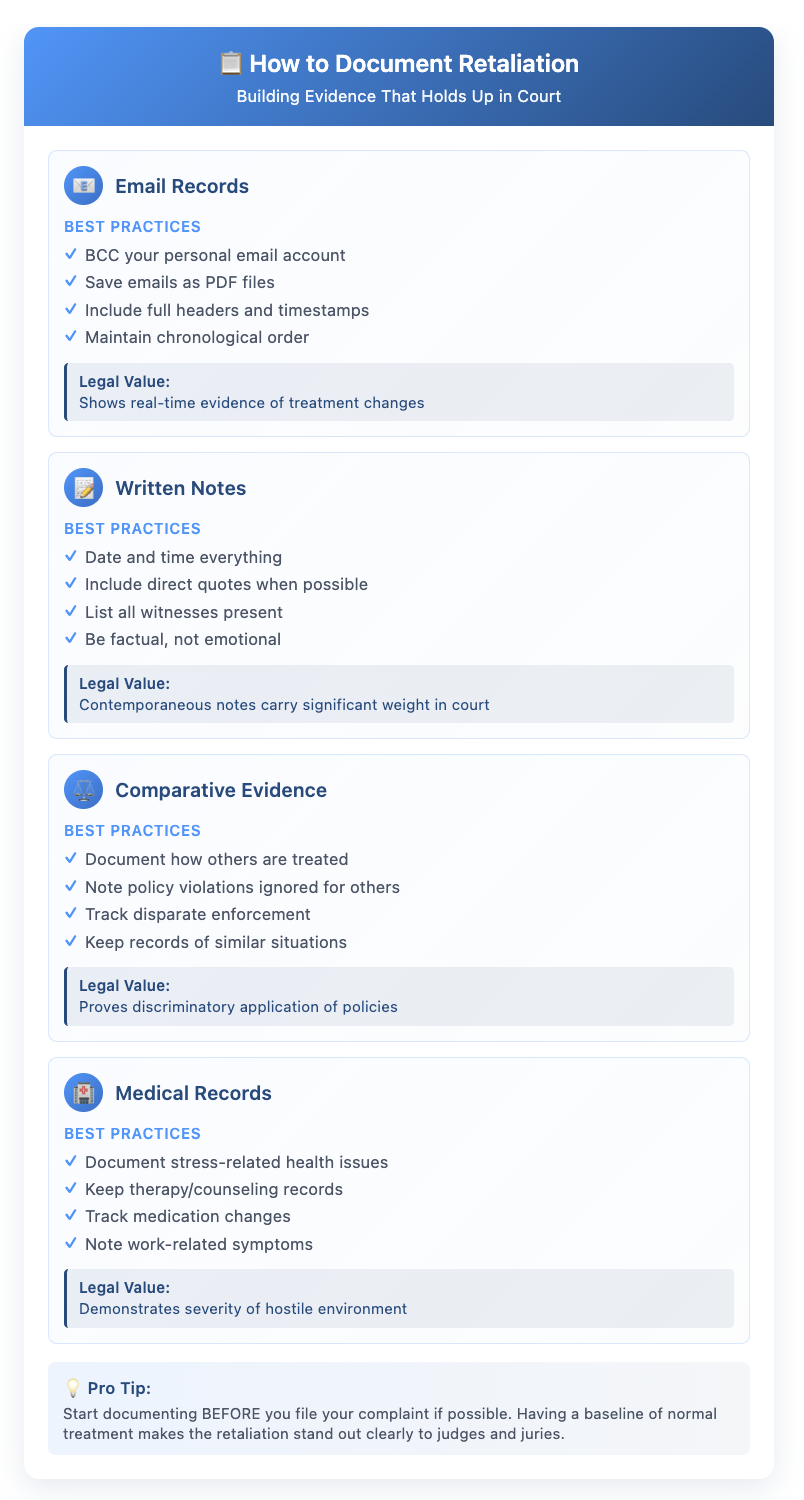 Infographic showing four methods for documenting workplace retaliation evidence: 1) Email Records - BCC personal email, save as PDFs, include headers, maintain chronological order; 2) Written Notes - date and time everything, include direct quotes, list witnesses, be factual; 3) Comparative Evidence - document how others are treated, note policy violations, track disparate enforcement; 4) Medical Records - document stress-related health issues, keep therapy records, track medication changes. Each method includes its legal value in court proceedings.