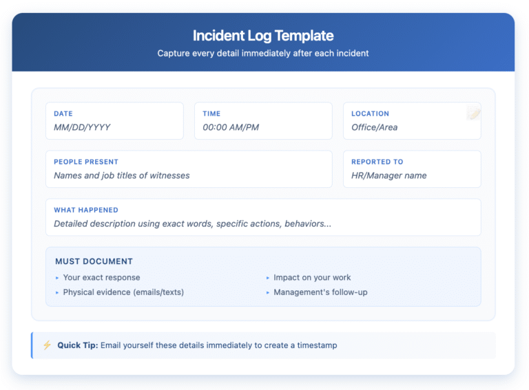 Compact incident log template card showing essential fields to document: Date, Time, Location, People Present, Reported To, and What Happened. Includes 'Must Document' checklist with four key items: your exact response, impact on work, physical evidence, and management's follow-up. Quick tip reminds users to email themselves details immediately for timestamp.