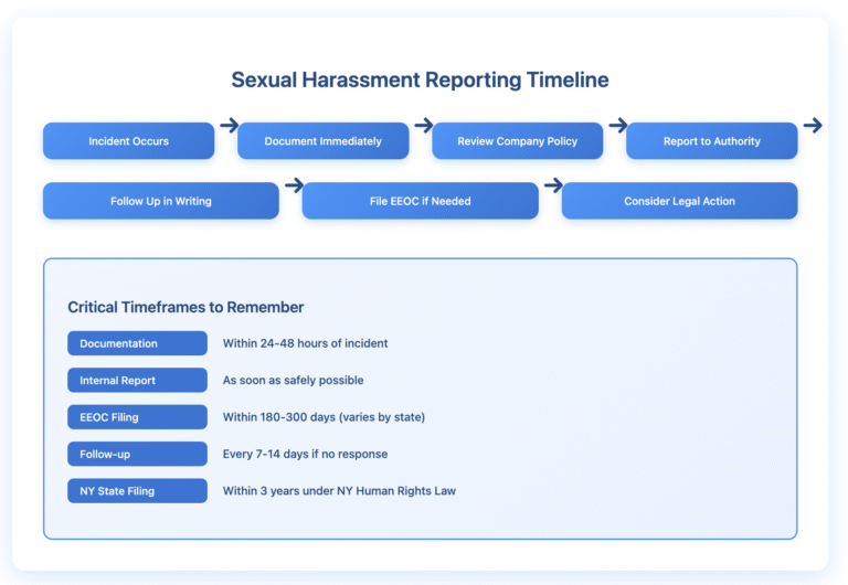 Flowchart showing the seven-step sexual harassment reporting timeline: starting from incident occurrence, through documentation, policy review, reporting to authority, written follow-up, EEOC filing if needed, and considering legal action. Below the flowchart is a detailed breakdown of critical timeframes: documentation within 24-48 hours, internal reporting as soon as safely possible, EEOC filing within 180-300 days depending on state, follow-ups every 7-14 days if no response, and NY state filing within 3 years.