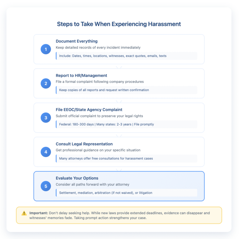 Flowchart showing five sequential steps for responding to workplace harassment: Step 1 - Document everything including dates, times, locations, witnesses, and exact quotes. Step 2 - Report to HR/Management and keep copies of all reports. Step 3 - File EEOC/State Agency complaint within deadlines (federal 180-300 days, many states 2-3 years). Step 4 - Consult legal representation for professional guidance. Step 5 - Evaluate options including settlement, mediation, arbitration, or litigation. Important note warns not to delay seeking help as evidence can disappear over time.