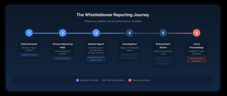 Step-by-step timeline showing the whistleblower reporting journey from initial decision through investigation to potential disclosure points, highlighting when identity may be revealed at each stage.