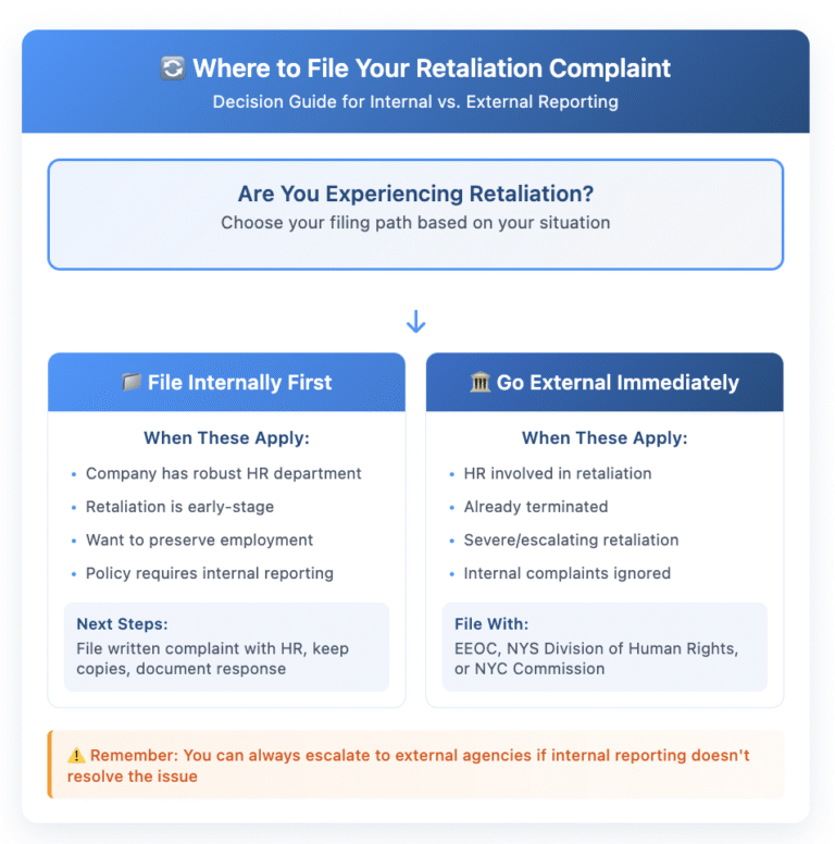 Decision flowchart for filing retaliation complaints. The flowchart presents two paths: File Internally First when company has robust HR, retaliation is early-stage, you want to preserve employment, or policy requires internal reporting. Go External Immediately when HR is involved in retaliation, you've been terminated, retaliation is severe or escalating, or internal complaints have been ignored. External options include EEOC, NYS Division of Human Rights, or NYC Commission.