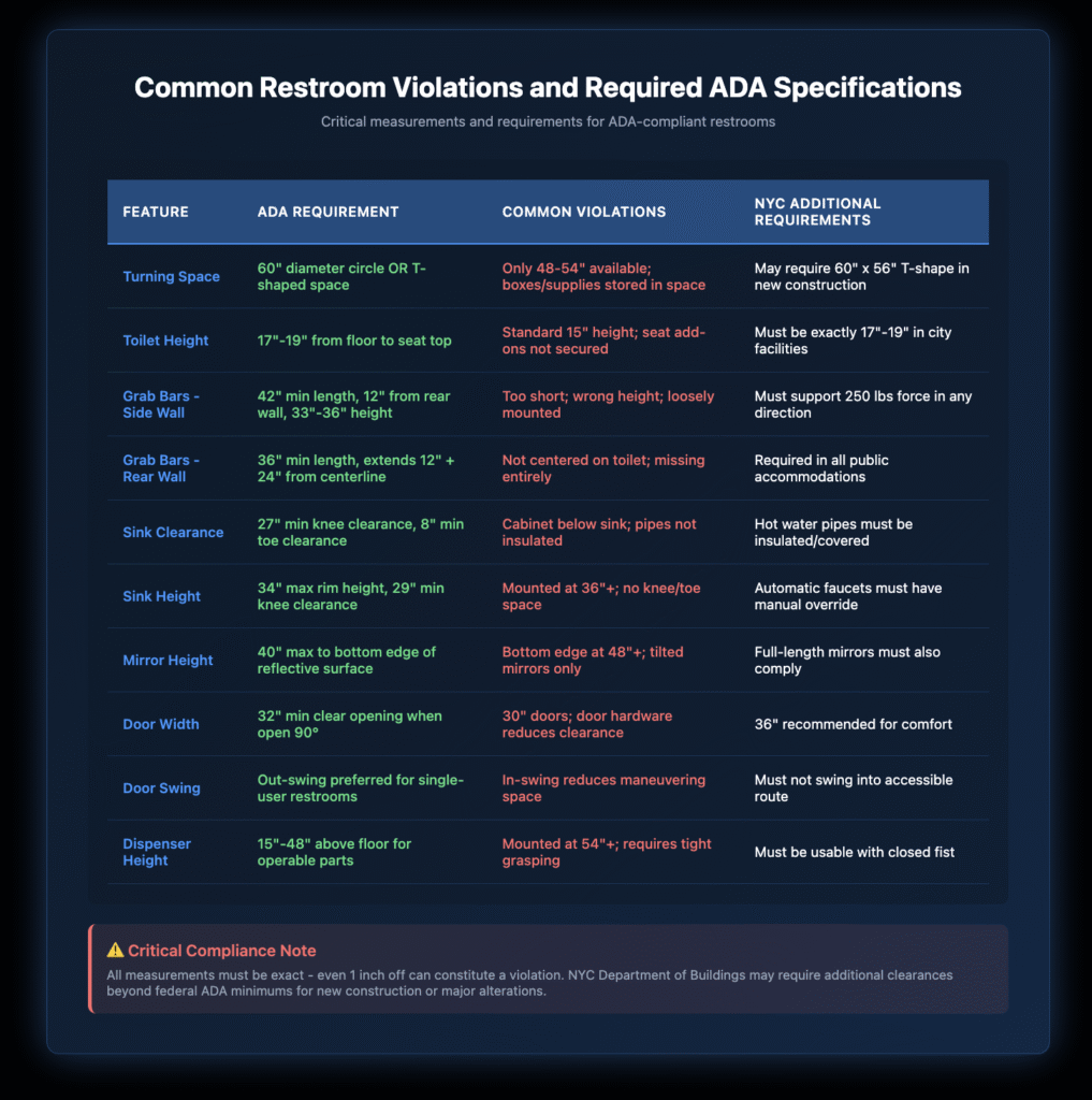 Table showing ADA-compliant specifications for restroom features including turning space, toilet height, grab bars, sink clearance, and door requirements with measurements and common violations listed.