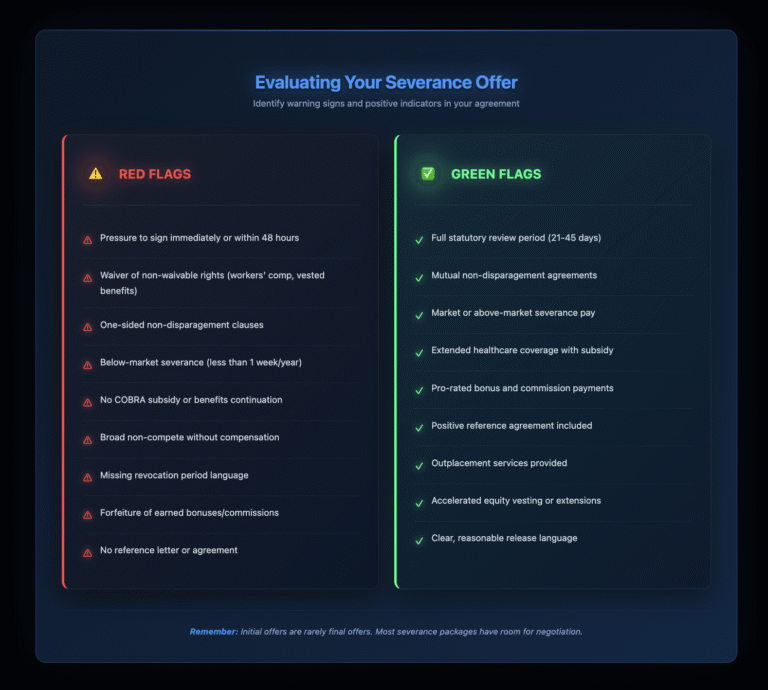 Comparison of red flag warning signs versus green flag positive indicators in severance agreements