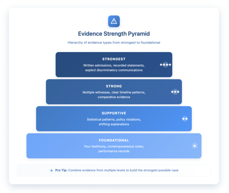 Evidence Strength Pyramid diagram showing four hierarchical levels of evidence in discrimination cases. From top to bottom: 'Strongest' level (darkest blue, narrowest) includes written admissions, recorded statements, and explicit discriminatory communications. 'Strong' level includes multiple witnesses, timeline patterns, and comparative evidence. 'Supportive' level includes statistical patterns, policy violations, and shifting explanations. 'Foundational' level (lightest blue, widest) includes personal testimony, contemporaneous notes, and performance records. Each level has star ratings indicating relative strength, with a tip at the bottom encouraging combining evidence from multiple levels.