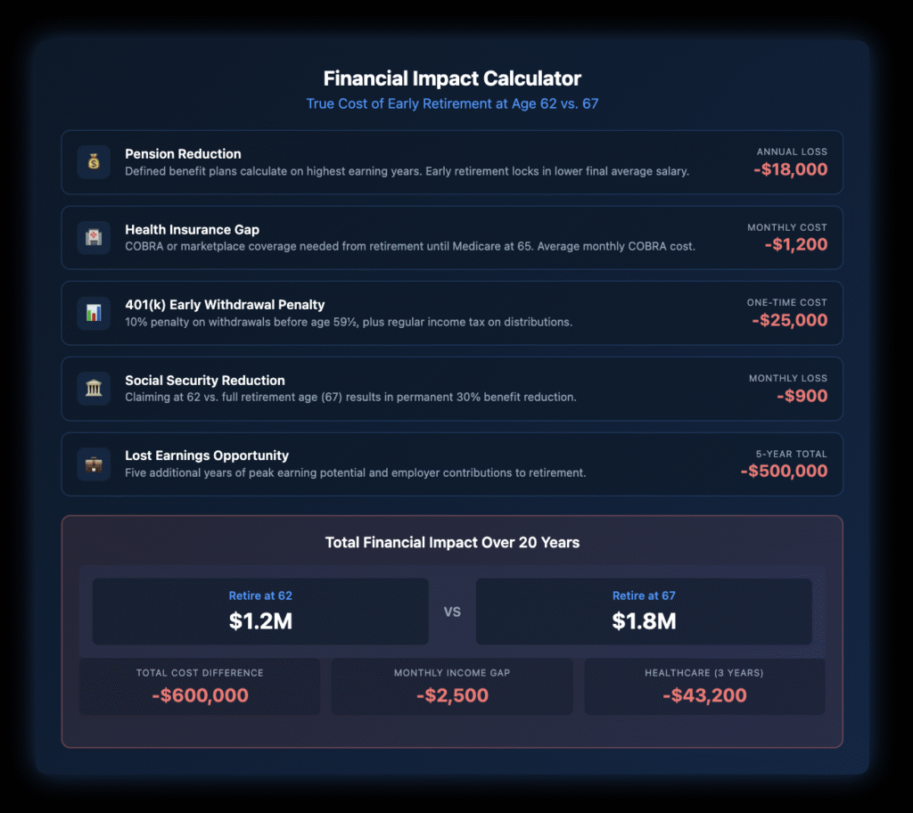 Compact financial calculator showing five major cost categories of early retirement at 62 versus 67: $18,000 annual pension reduction, $1,200 monthly health insurance gap, $25,000 401(k) penalty, $900 monthly Social Security reduction, and $500,000 in lost earnings, totaling $600,000 difference over 20 years