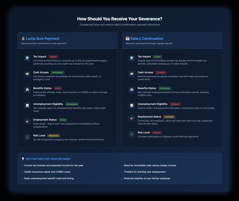 Side-by-side comparison of lump sum versus salary continuation severance payment structures. Left panel shows lump sum payment with six aspects: higher tax impact (22% federal withholding), immediate cash access, benefits ending, immediate unemployment eligibility, clear employment status, and moderate risk. Right panel shows salary continuation with contrasting aspects: lower tax impact (regular withholding), gradual cash access, continued benefits, delayed unemployment eligibility, complex employment status, and higher risk. Each aspect includes icons and detailed explanations with positive (green), negative (red), or neutral (yellow) indicators. Bottom section lists six key decision factors including tax brackets, cash needs, health insurance, employment timeline, unemployment rules, and employer stability. Design uses dark blue gradient background with white text and blue accents.