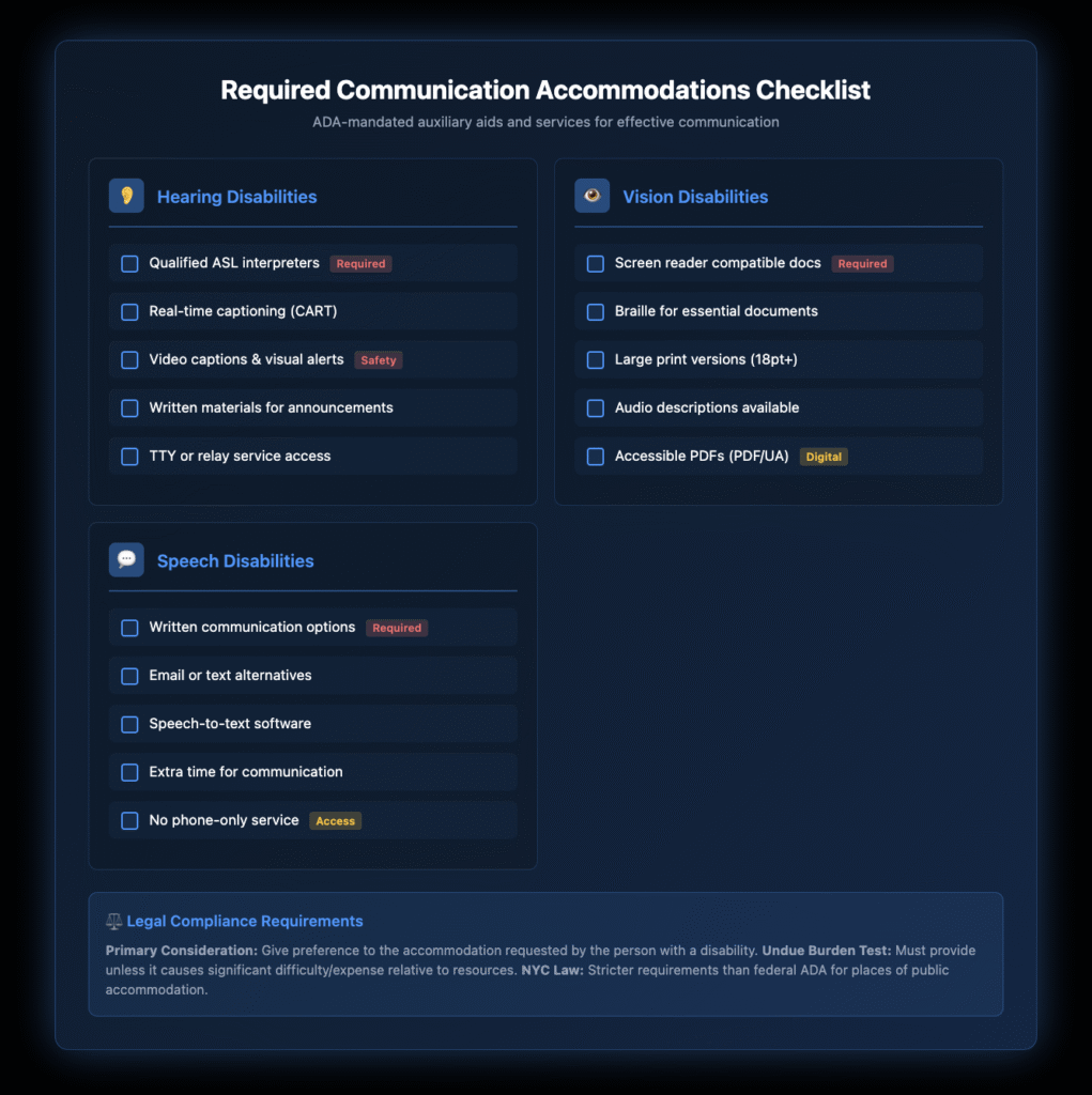 Interactive checklist showing required auxiliary aids and communication accommodations for hearing, vision, and speech disabilities including interpreters, assistive technology, and document formats.
