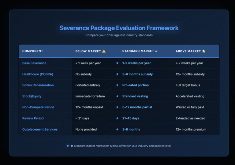 Severance Package Evaluation Framework comparing below market, standard market, and above market rates for various compensation components