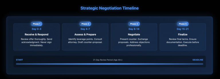Compressed timeline showing four phases of severance negotiation over 21 days: Phase 1 (Days 0-3) Receive & Respond, Phase 2 (Days 4-7) Assess & Prepare, Phase 3 (Days 8-14) Negotiate, and Phase 4 (Days 15-21) Finalize, with progress bar showing full review period