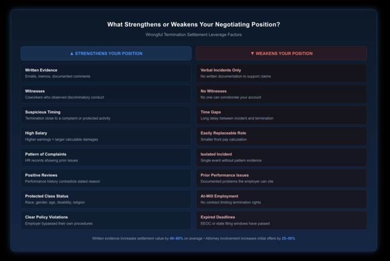 Two-column comparison table showing 8 factors that strengthen negotiating position (written evidence, witnesses, suspicious timing, high salary, pattern of complaints, positive reviews, protected class status, clear policy violations) against 8 factors that weaken it (verbal incidents only, no witnesses, time gaps, easily replaceable role, isolated incident, prior performance issues, at-will employment, expired deadlines).