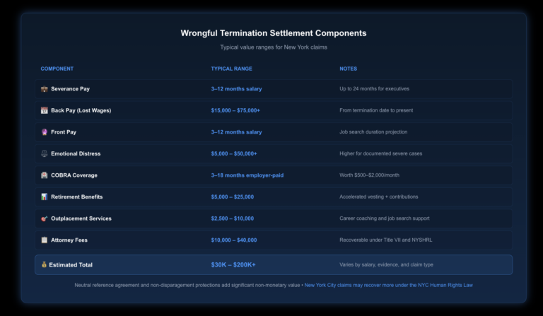 Table listing 8 wrongful termination settlement components with dollar value ranges: severance pay (3–12 months salary), lost wages back pay ($15,000–$75,000), emotional distress damages ($5,000–$50,000+), COBRA health coverage (3–18 months employer-paid), attorney fees ($10,000–$40,000), retirement benefits ($5,000–$25,000), outplacement services ($2,500–$10,000), neutral reference agreement (value varies). Total estimated range: $30,000–$200,000+.