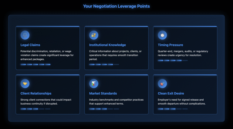 Grid of six leverage point cards showing negotiation strength indicators: Legal Claims (5/5 strength), Institutional Knowledge (4/5 strength), Timing Pressure (4/5 strength), Client Relationships (3/5 strength), Market Standards (3/5 strength), and Clean Exit Desire (3/5 strength), each with descriptive text and visual strength bars