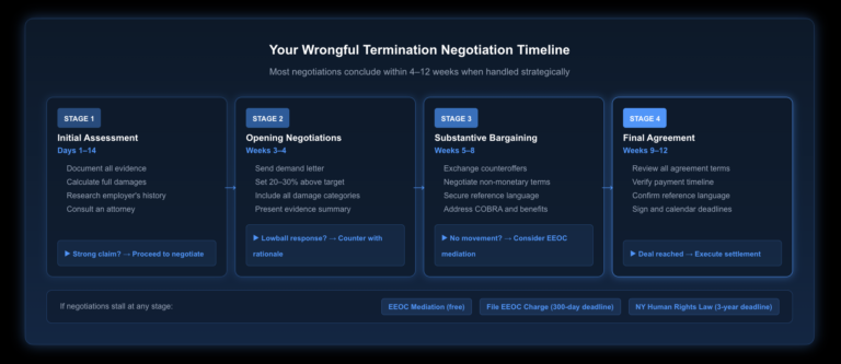 Four-stage horizontal timeline showing the wrongful termination negotiation process: Stage 1 Initial Assessment (Days 1–14) covering documentation and damage calculation, Stage 2 Opening Negotiations (Weeks 3–4) covering demand letter and first response, Stage 3 Substantive Bargaining (Weeks 5–8) covering counteroffers and non-monetary terms, Stage 4 Final Agreement (Weeks 9–12) covering settlement execution and compliance monitoring, with decision points at each stage indicating whether to continue or escalate to formal action.