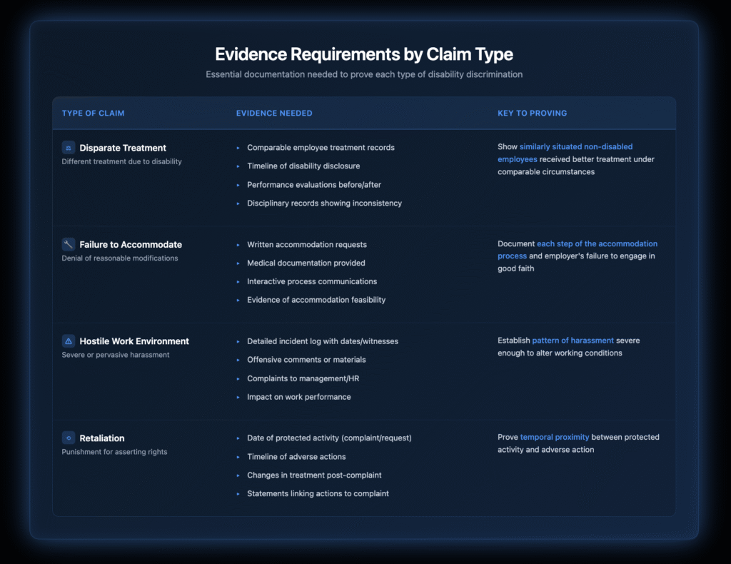 Table showing four types of disability discrimination claims (Disparate Treatment, Failure to Accommodate, Hostile Work Environment, and Retaliation) with corresponding evidence requirements and key proving elements for each claim type.