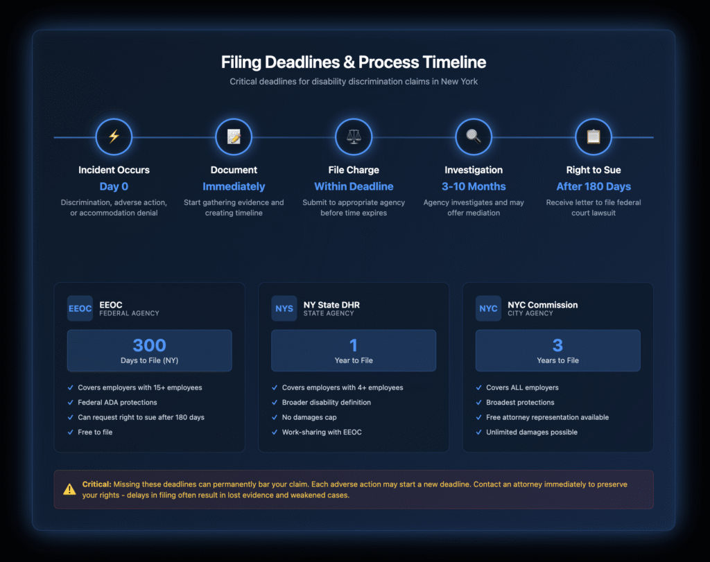 Interactive timeline showing disability discrimination filing process from incident through right to sue letter, with comparison of EEOC (300 days), NY State DHR (1 year), and NYC Commission (3 years) filing deadlines and agency features.