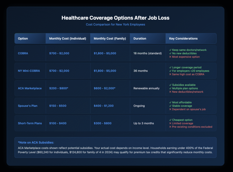 Comparison table showing monthly costs for 5 healthcare options after job loss: COBRA ($700-$2,000 individual), NY Mini-COBRA (same cost, 36 months), ACA Marketplace ($200-$800 with subsidies), Spouse's Plan ($150-$500), and Short-Term Plans ($100-$400).