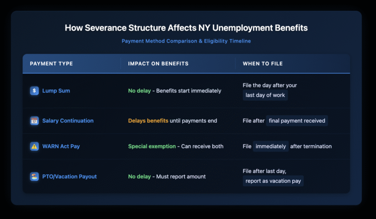 Table comparing four severance payment types (lump sum, salary continuation, WARN Act pay, and PTO payout) and their impact on New York unemployment benefit eligibility timing.