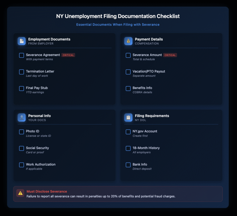Checklist showing four categories of required documents for filing New York unemployment benefits with severance: employment documents, payment details, personal information, and filing requirements.