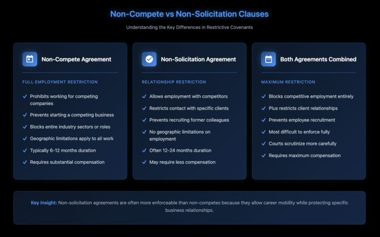 Comparison table showing three types of restrictive covenants: Non-Compete Agreements (prohibiting all competitive employment with 6-12 month typical duration), Non-Solicitation Agreements (allowing competitive employment but restricting client and employee contact for 12-24 months), and Combined Agreements (imposing maximum restrictions requiring maximum compensation and facing higher court scrutiny). Dark blue gradient design with key differences highlighted.