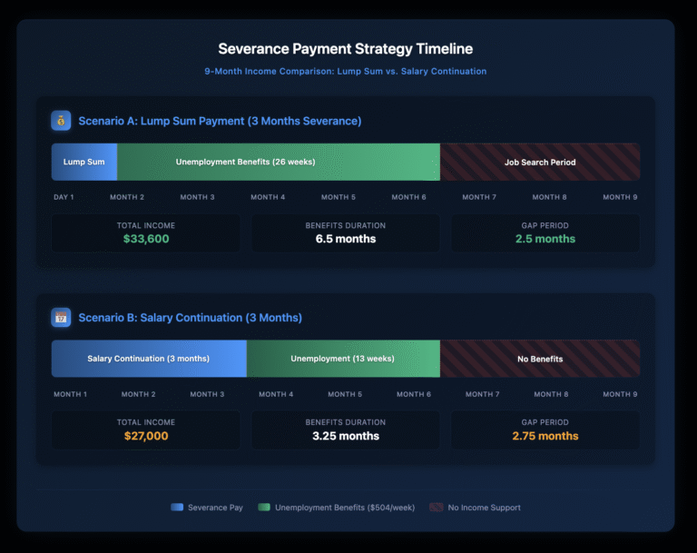 Timeline diagram comparing 9-month income flow between lump sum and salary continuation severance options, showing unemployment benefit eligibility periods and income gaps.