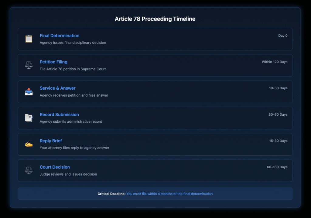 Timeline diagram showing the six main phases of an Article 78 proceeding, from final agency determination through court decision, with approximate timeframes for each step and emphasis on the critical 4-month filing deadline.
